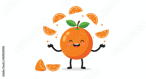 Cartoon orange juggling slices with leaves and arms