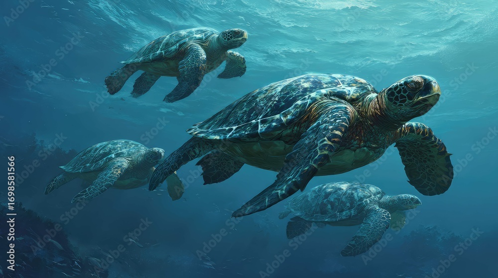 Fototapeta premium four sea turtles gracefully swimming in an underwater environment