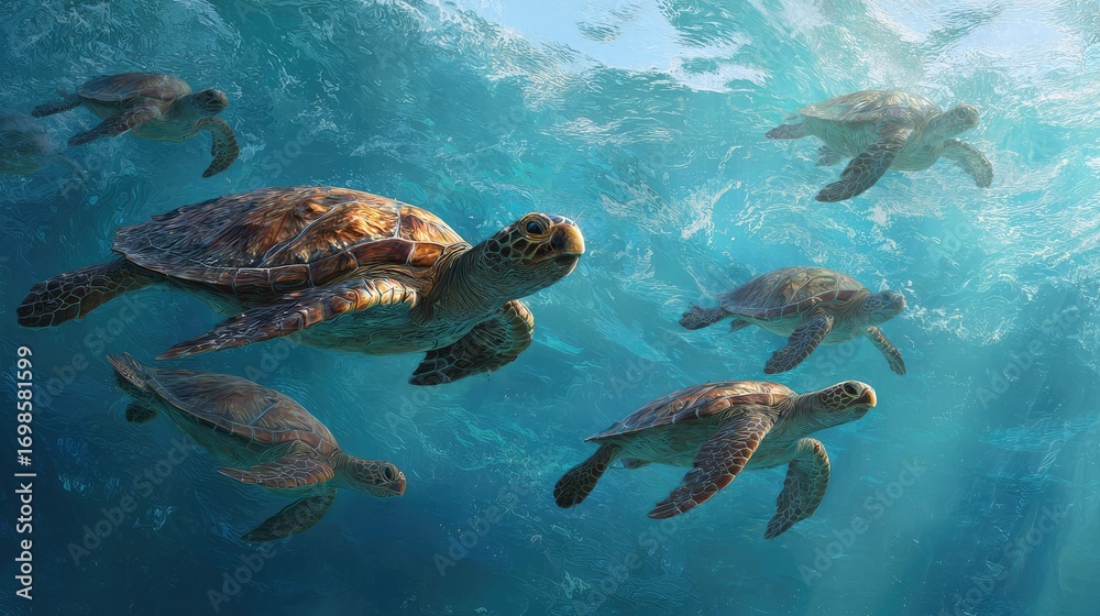 Obraz premium a vibrant underwater scene featuring several green sea turtles swimming in close proximity to each other. they are surrounded by blue water that contrasts with their shells