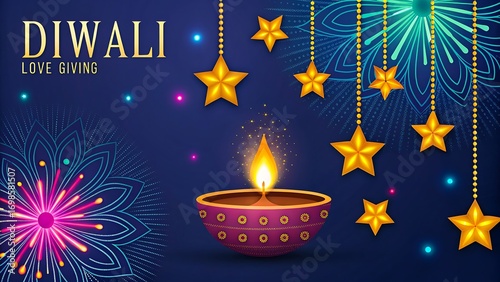 Diwali festival greeting with glowing diya lamp and golden stars on blue background
