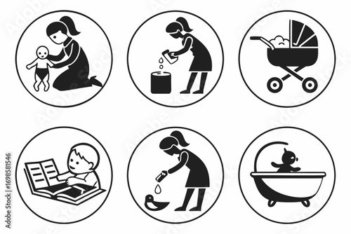 Baby care icons showing daily routines and activities