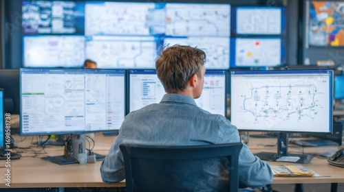 Focused operations research analyst reviewing scenario testing outcomes on multiple screens optimizing supply chain strategies in a collaborative workspace.