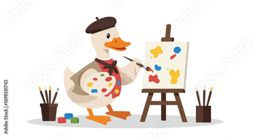 Duck artist painting on easel with palette and brushes