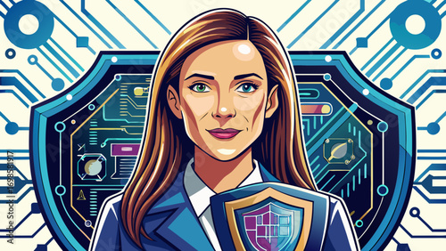 Close-up portrait of female cybersecurity expert holding a secure server chip. White background highlights vigilance, innovation, and digital defense.