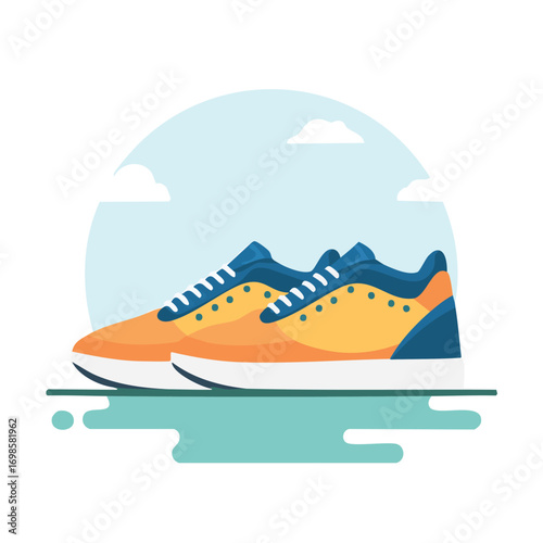 A pair of yellow and blue athletic shoes on a stylized background, symbolizing a vibrant and active lifestyle concept