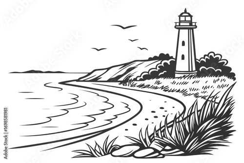 Coastal lighthouse scene with birds and beach