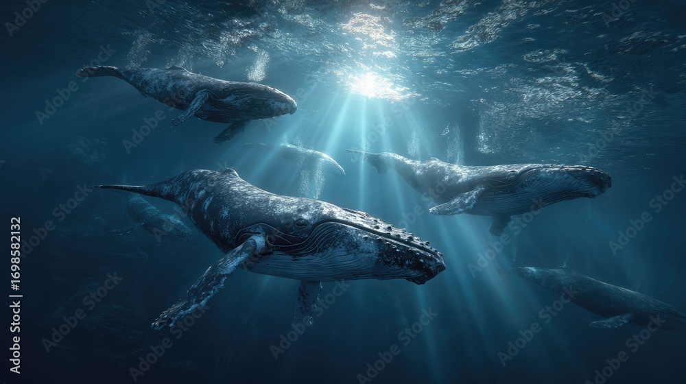 Fototapeta premium a serene underwater scene featuring a family of whales swimming in close proximity. they are surrounded by bubbles and illuminated by sunlight streaming down from above