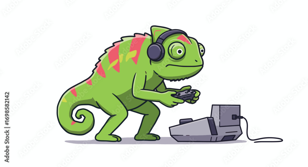 Obraz premium A green chameleon wearing headphones plays a video game