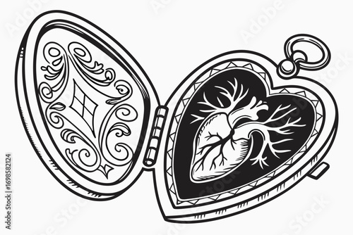 Open heart locket with anatomical heart and ornate design