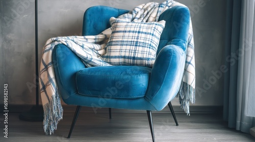 A plush, blue velvet armchair sits prominently in a dimly lit room. A textured, plaid throw blanket is draped over the chair, partially covering a square pillow with a white and blue 