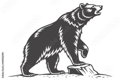 Stylized bear standing on a tree stump roaring