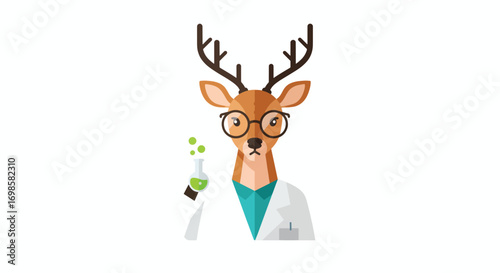 A deer wearing glasses and a lab coat holds a flask of green liquid