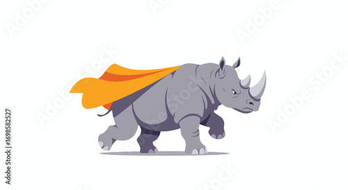 A cartoon rhino with an orange cape runs forward