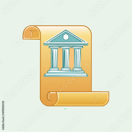 Architectural depiction on scrolled parchment, symbol of historical importance and institutions