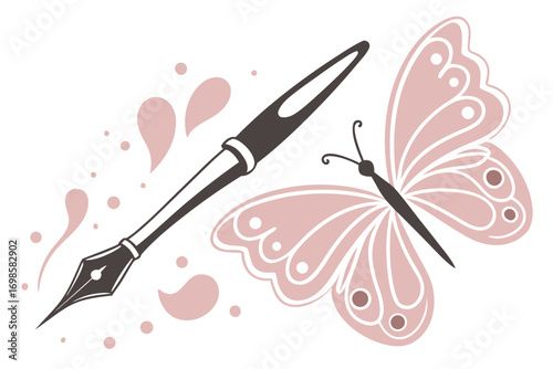 Fountain pen and butterfly with pink splatters