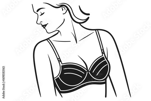 Elegant line drawing of a woman wearing a black bra