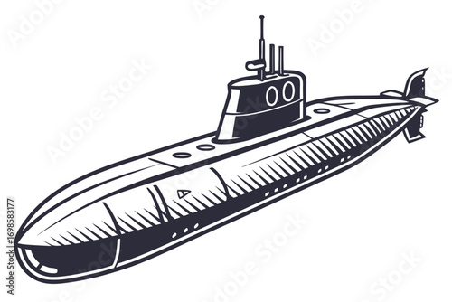Stylized illustration of a dark submarine on a white background