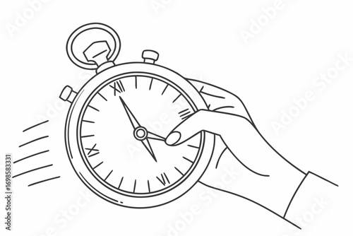 Hand holding a stopwatch with roman numerals and motion lines
