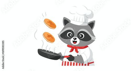 Cartoon raccoon chef flipping pancakes in a pan