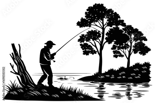 Silhouette of a fisherman casting a line by the water