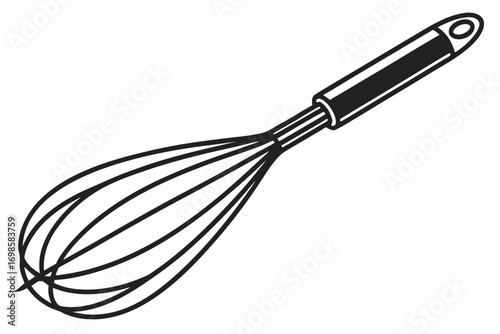 Simple black and white illustration of a kitchen whisk