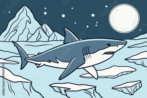 Great white shark swims through icy waters under a full moon