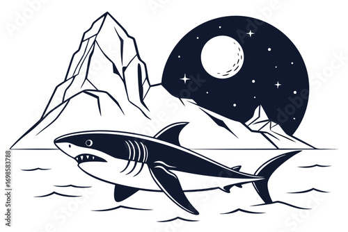 Shark swimming in the ocean under a starry night sky with mountains