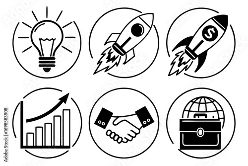 Business and startup icons featuring idea growth and global success