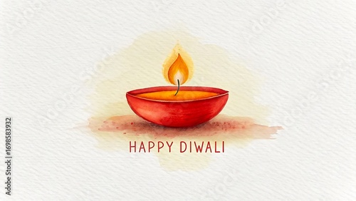 Happy diwali greeting card with watercolor diya lamp on textured background
