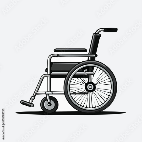 Vector illustration of a standard manual wheelchair on an isolated background, symbolizing accessibility, patient care, and mobility for individuals with disabilities