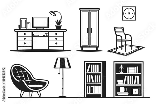 Collection of black and white furniture and home decor icons