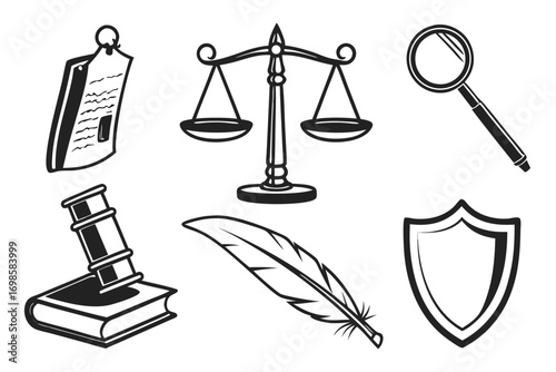 Collection of law and justice icons in black and white