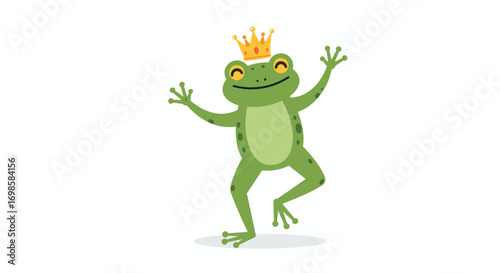 Cartoon frog wearing a crown dancing against a white background