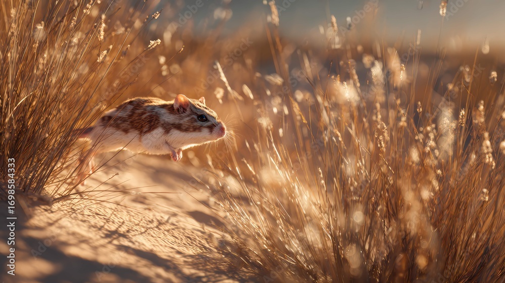 Fototapeta premium this is an image capturing a moment of a small rodent in mid action, either running or jumping, against a backdrop of a sandy dune with tall grasses