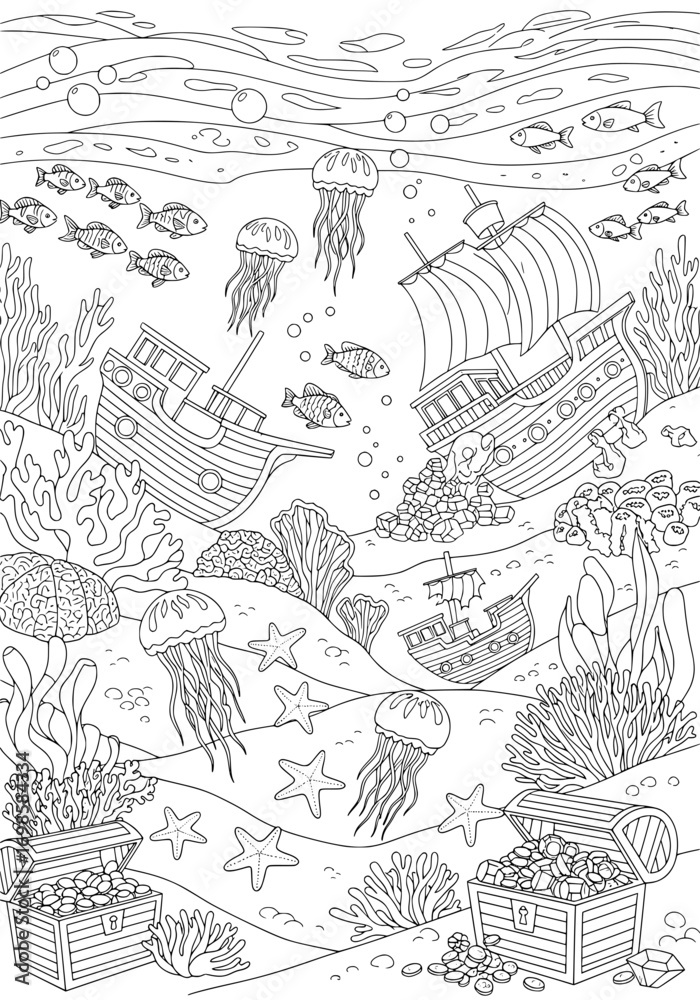 Fototapeta premium On the seabed: sunken sailing ships and treasures. coloring book