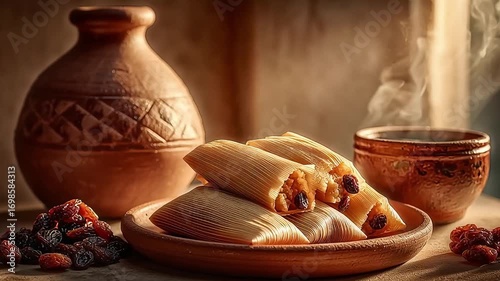 Traditional Sweet Tamales with Raisins on Rustic Clay Plate Surrounded by Earthenware Jar and Cup in Warm Natural Light