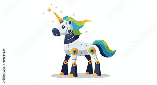 Cartoon robot unicorn with colorful mane and tail