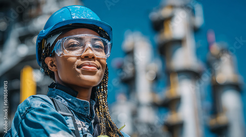 confident african engineer woman professional wearing hard hat and safety glasses at refinery site workplace career leadership industrial engineering development and corporate success