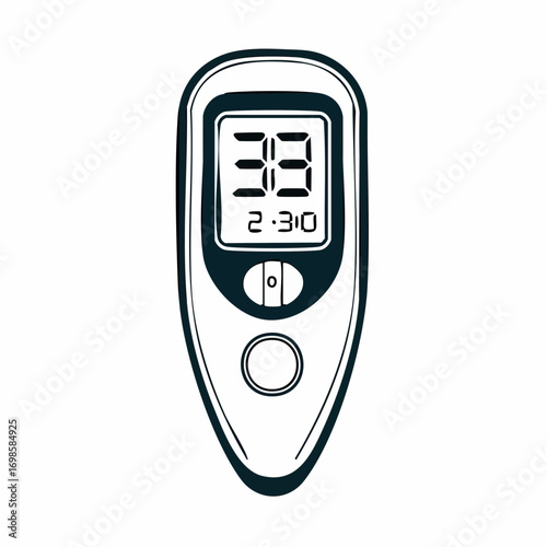 Digital blood glucose meter illustration for diabetes management and health monitoring. A medical device icon for blood sugar level testing and healthcare concepts