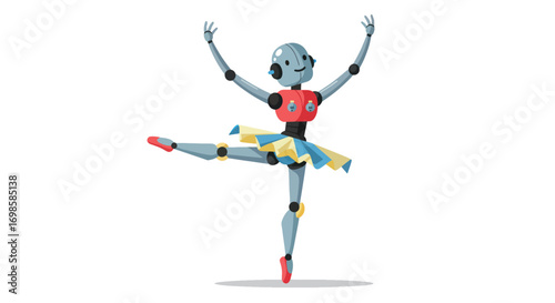 A grey robot in a red and blue tutu dances ballet