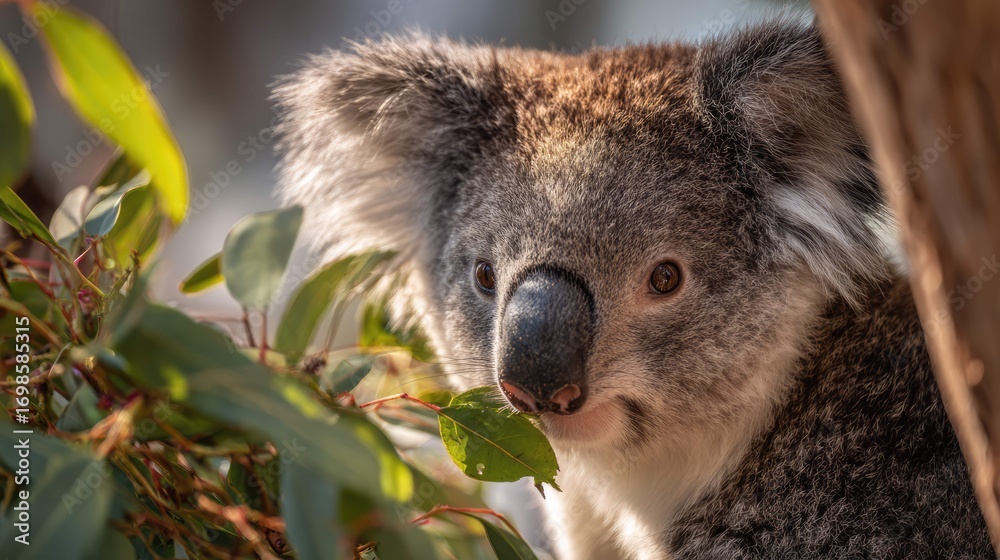 Obraz premium a koala peering from behind a green bush in an outdoor setting. the koala has distinct fur patterns with darker areas on its ears and face, and its eyes are alert as it looks towards the viewer