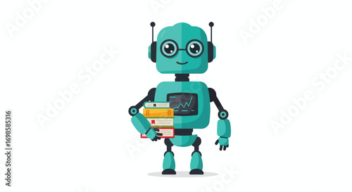 A teal robot wearing glasses holds a stack of books