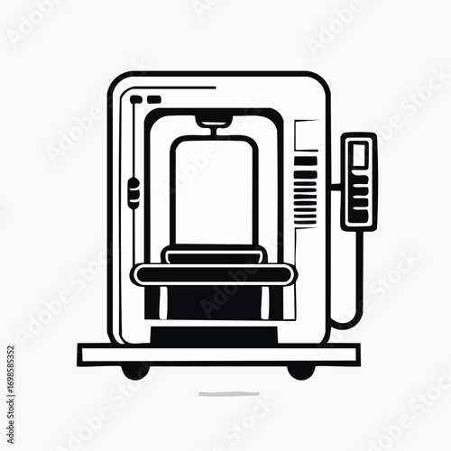Outline icon of a modern industrial machine, a simple black and white vector graphic for manufacturing or fabrication