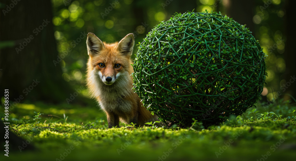 Obraz premium Red fox near green shrubbery