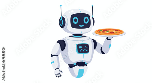 A cartoon robot holds a pizza on a plate