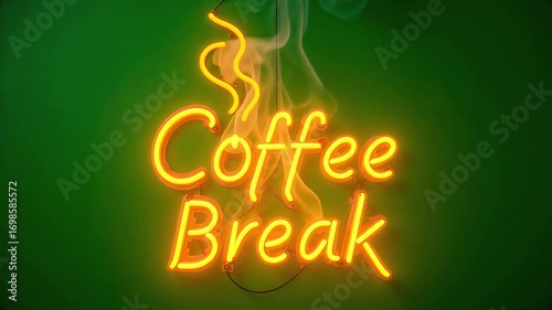Warm glow of a neon 'Coffee Break' sign with wisps of steam rising, perfect for cafe or relaxation themes.