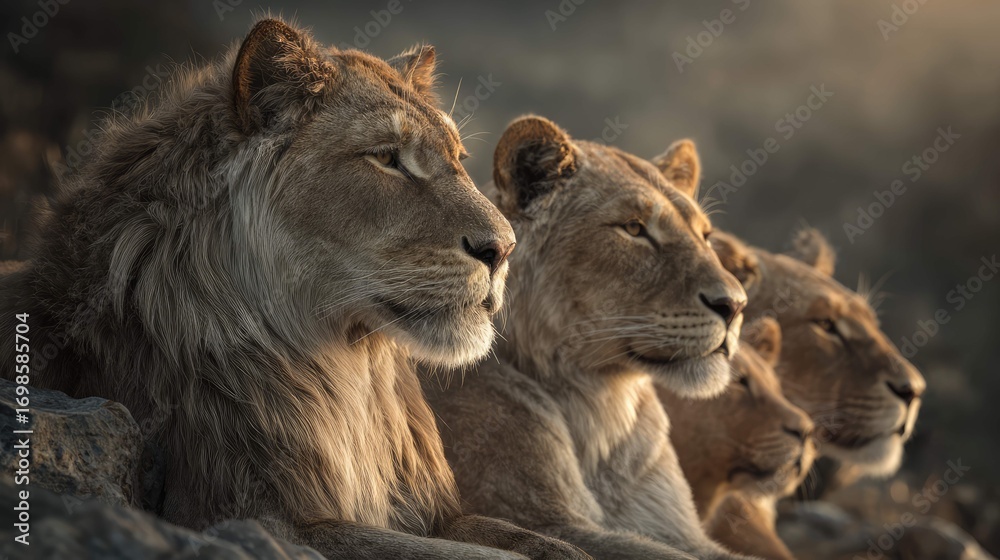 Obraz premium a serene scene of five majestic lions lounging in the wilderness. they are huddled together, their coats a mix of earthy tones that blend seamlessly with the surrounding landscape