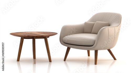 A modern living room scene features a comfortable armchair and a small side table. The armchair is upholstered in a light beige leather-like material and has a rounded back and cushioned armrests.