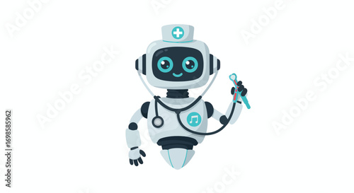 A cartoon robot doctor with a stethoscope and dental tool