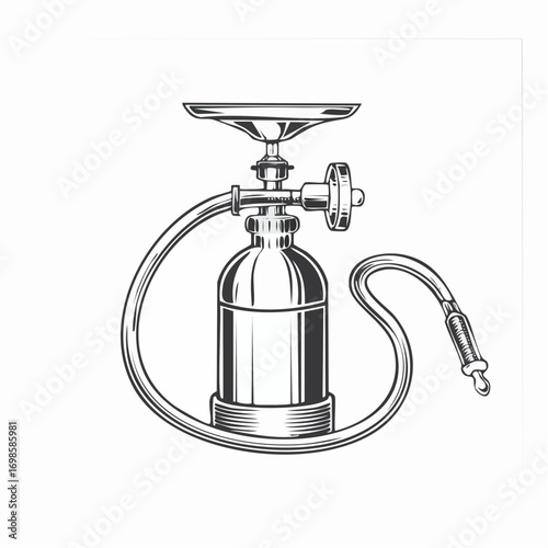 Vintage seltzer siphon or antique fire extinguisher apparatus in a retro engraved monochrome illustration style isolated on white